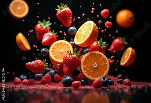 Fototapeta vivid colorful fruits floating mid air dark background dramatic visuals bright patterns citrus berries exotic culinary art, lemon, orange, apple, peach