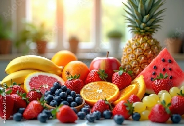 Fototapeta vivid colorful fruits fresh juicy berries citrus melon grapes pineapple apples bananas displaying bright kitchen environment, salad, orange, kiwi, mango, peach, smoothie