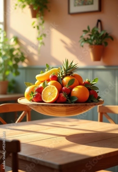 Fototapeta vivid fruit arrangement floating above wooden table transforming simple space into whimsical while displaying colorful bounty natural beauty, levitating
