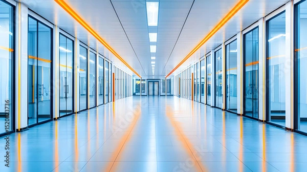Fototapeta Empty Modern Office Corridor With Glass Walls And Orange Lighting