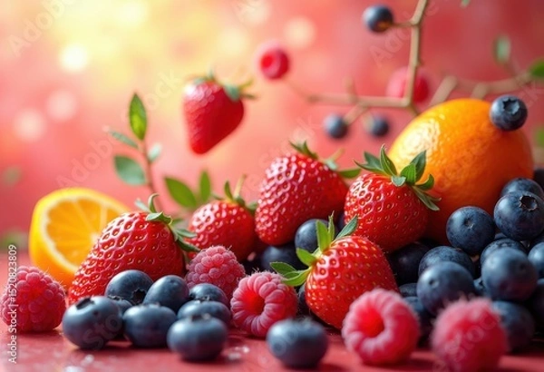 Fototapeta vivid fruits floating above textured background colorful composition fresh juicy berries tropical delight grapes apples oranges, juice, bright, food, nature