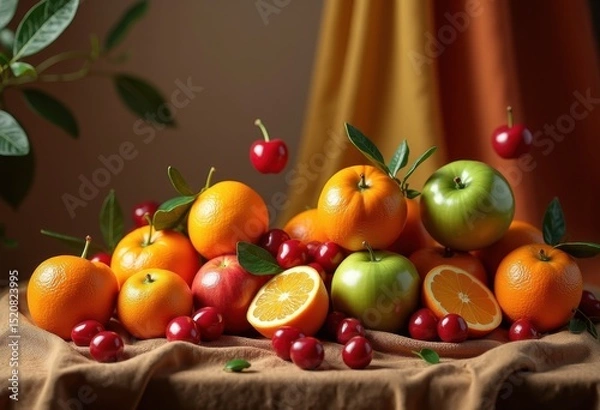 Fototapeta vivid fruits floating textured backdrop colorful still life vibrant composition fresh produce natural beauty, nature, grape, apple, orange, kiwi, berry, banana