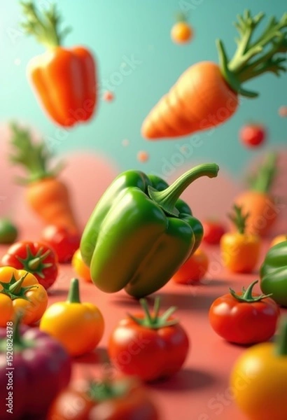 Fototapeta vivid vegetables floating mid air colorful fresh produce whimsical suspended display artistic arrangement, nature, carrot, pumpkin, tomato, pepper, broccoli