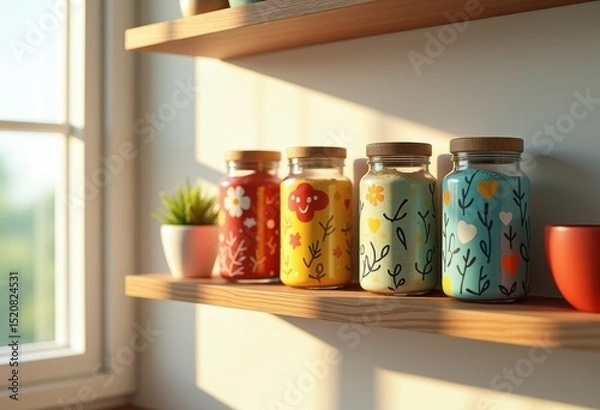 Fototapeta whimsical spice jars colorful unique design minimalist kitchen decor open shelf arrangement, container, herb, storage, aesthetics, home, accessory, essentials