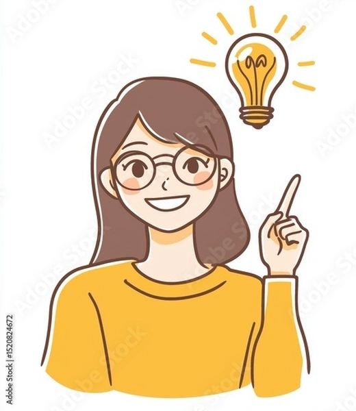Obraz Woman with glasses smiling and pointing at a light bulb symbolizing a bright idea in a colorful illustration