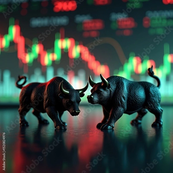 Fototapeta bull bear figurines stock market chart trading finance investment analysis strategy, income, economy, visuals, graphics, trend, indicator, risk, portfolio