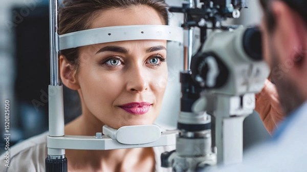 Fototapeta Comprehensive Eye Examination: Woman Undergoes Optical Exam in Modern Eye Clinic for Optimal Vision Health