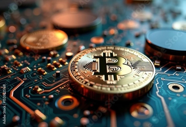 Fototapeta close detail shiny coins circuit board background technology macro imagery financial innovation hardware electronic component, money, currency, circuitry