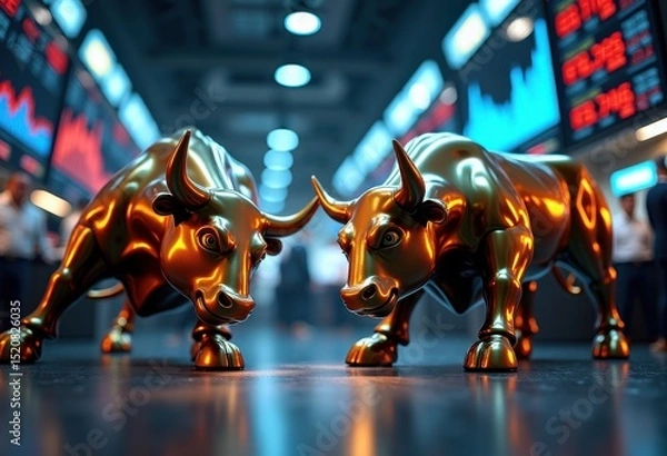 Fototapeta dynamic bull bear sculptures representing stock market trends trading floor environment, finance, economy, investment, trader, volatility, exchange, asset