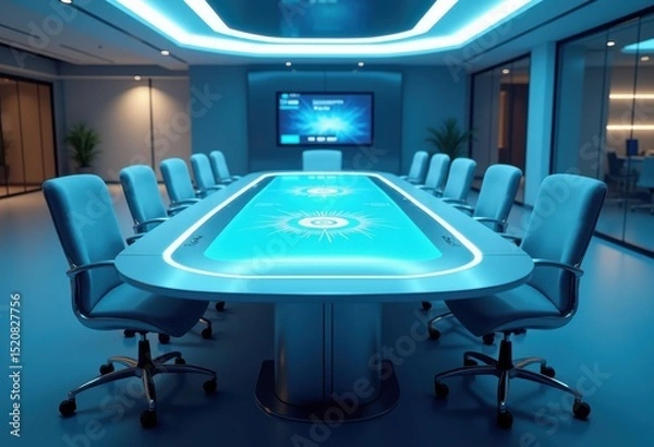 Fototapeta sleek modern conference table innovative tech setup collaborative workspace design futuristic aesthetic high tech features, furniture, technology