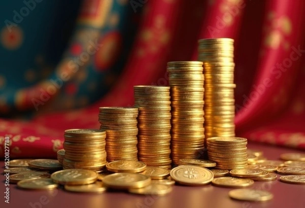 Fototapeta stacks coins colorful fabric textures backgrounds visual wealth finance, textile, curtain, material, design, pattern, metallic, luxury, collectible, canvas