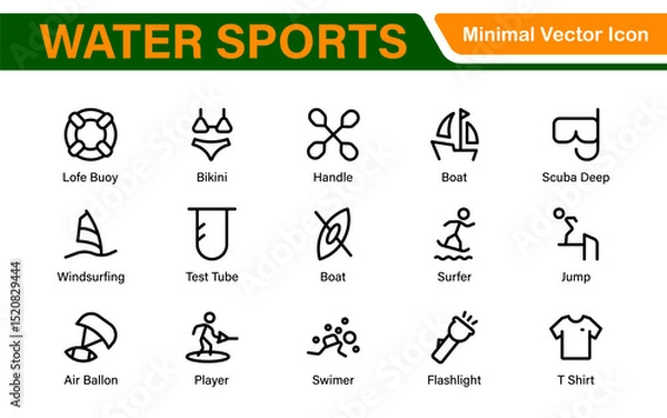 Fototapeta Water Sports Icon Set – Vector, Outline, and Minimal Line Art Illustrations for Surfing, Swimming, Beach Activities, and Outdoor Designs
