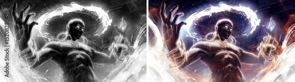 Fototapeta A powerful man in the pose of a god.  He has dark skin and gold jewelry. He is a genie and a magician who controls the spiritual energy that overflows his divine body.  2d art in a rough style