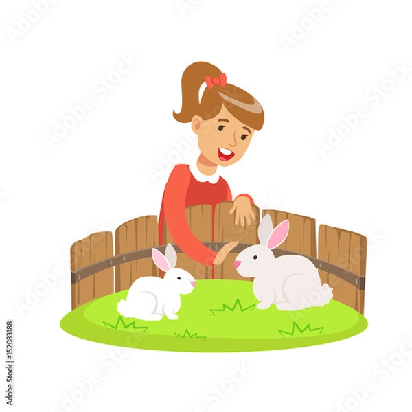 Obraz Smiling little girl petting two white rabbits in a mini zoo. Colorful cartoon character vector Illustration