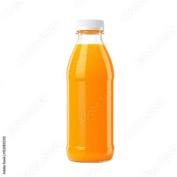 Fototapeta A clear glass bottle filled with orange juice and a white cap on a black background in studio shot