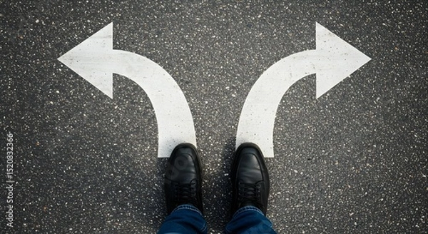 Obraz A person is standing at a crossroads, facing two large white arrows painted on the asphalt, pointing in different directions.