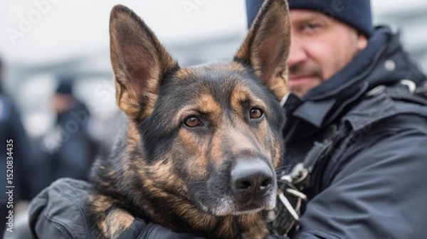 Obraz German shepherd and male handler in outdoor security setting