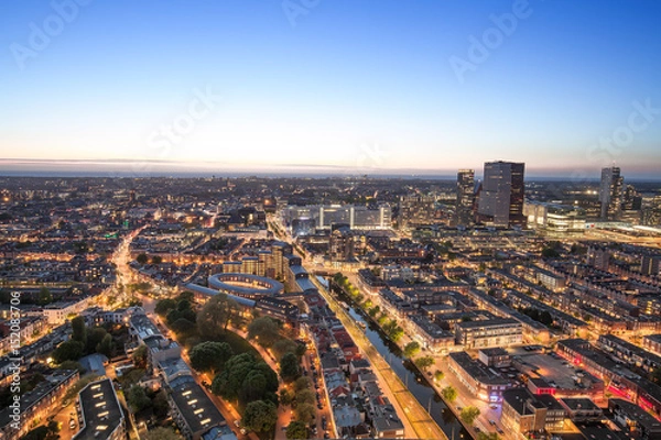 Fototapeta The Hague skyline at twilight with sea and Scheveningen background, The Netherlands