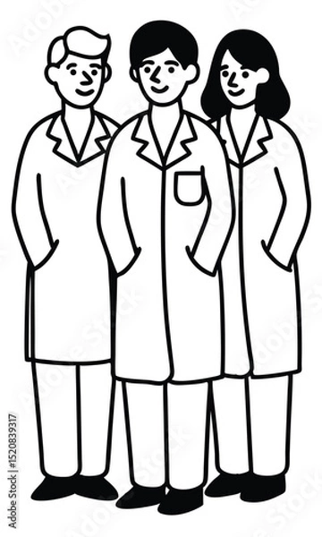 Fototapeta Three scientists standing together, wearing lab coats, representing teamwork and collaboration in research. 