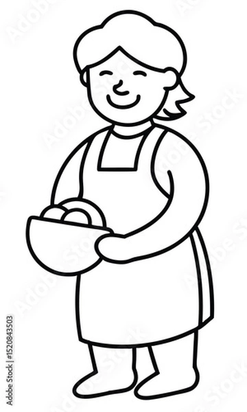 Fototapeta a happy cartoon baker holding a bowl of eggs, drawn in a simple black and white line style
