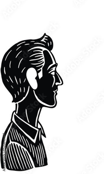 Fototapeta a simple woodcut style illustration of a man in profile view, featuring strong contrast between black and white areas