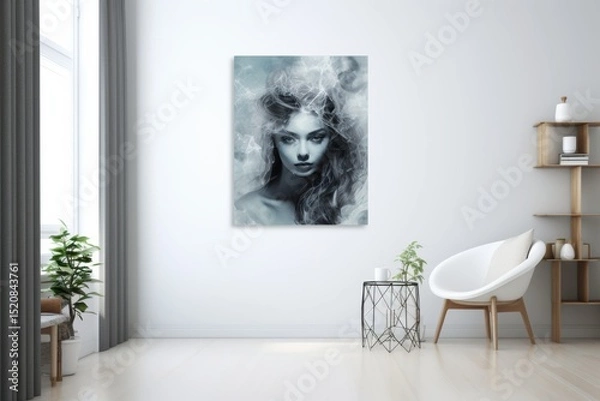 Fototapeta Modern art display in a minimalist living room featuring a striking portrait