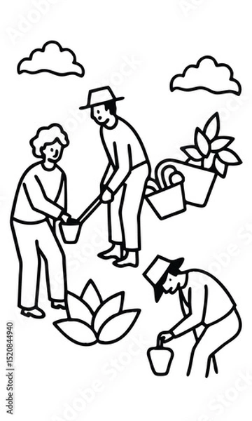 Fototapeta Farmers tending a garden, a scene of care, growth, and agricultural practice. The image features people working with plants and buckets, symbolizing care and growth