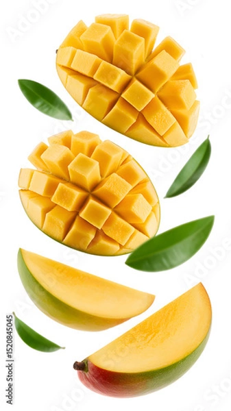 Fototapeta flying mango fruit and half slices isolated on transparent white background 