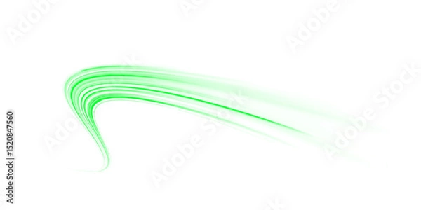 Fototapeta PNG green laser streak with curved line and blur motion, bright trail light and glowing speed ray on futuristic night road with dynamic flare effect and glow PNG.