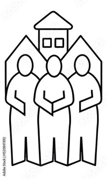 Fototapeta simple line art depicting a group of three people standing in front of a building. A simple and symbolic illustration
