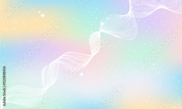 Fototapeta Pastel rainbow background with soft gradient, white flowing wave lines, dreamy sparkles, and light fantasy feel. Perfect for modern, cute, and aesthetic digital designs.