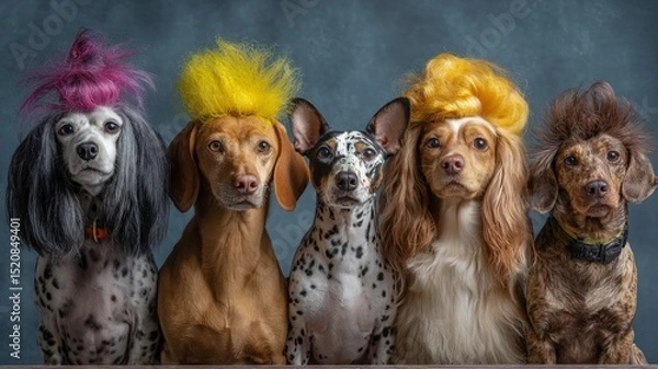 Obraz Playful group of five dogs lined up with colorful styled hair posing against blue background, showing unique and fun grooming styles in studio setting