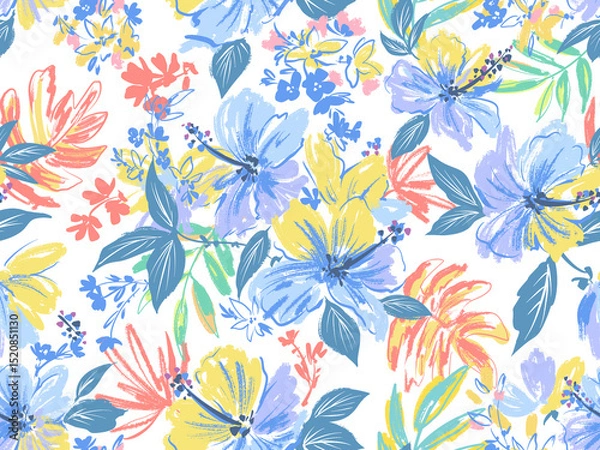 Obraz Hand drawn PNG seamless pattern of abstract hibiscus flowers, tropical foliage, and monstera leaves. Hand painted tropical floral wallpaper for summer wedding invitation with transparent background.