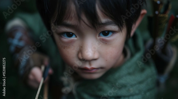 Obraz a close-up of a young boy with piercing eyes, holding a bow and arrow, creating a sense of adventure and determination