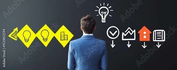 Fototapeta A businessman stands before a chalkboard with icons representing ideas, planning, and strategy, symbolizing business decision-making and innovation.