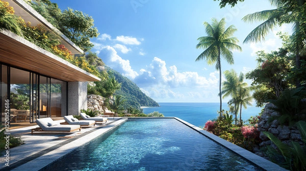 Obraz Luxury architecture, ocean front property landscape. Modern minimalist design with infinity pool, sleek contemporary designer furniture, panoramic coastal view background. vacation home or hotel