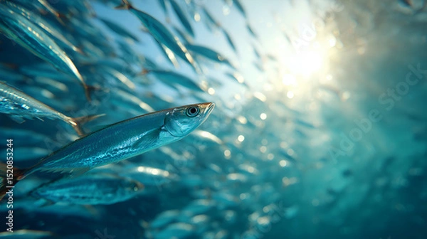 Obraz a mesmerizing underwater shot of a school of fish swimming gracefully in clear blue water, illuminated by the sun