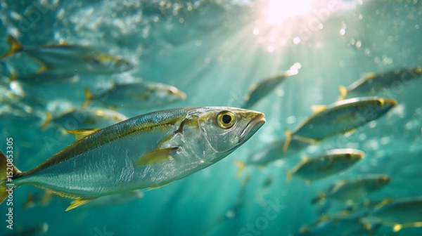 Obraz A school of fish swims through the crystal clear, sunlit water, creating a mesmerizing spectacle of aquatic life