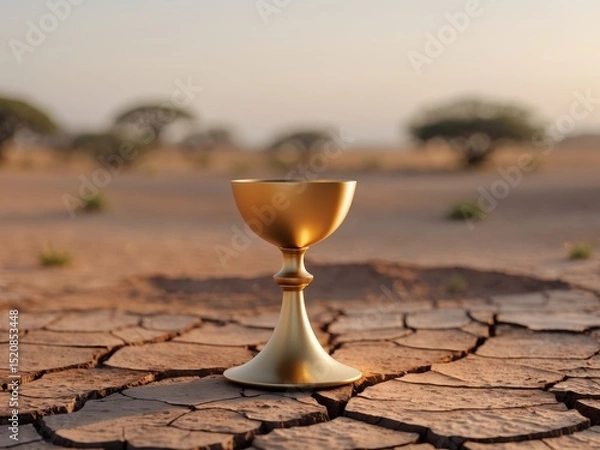 Fototapeta Golden Chalice on Cracked Earth, symbolizing scarcity and the quest for resources.