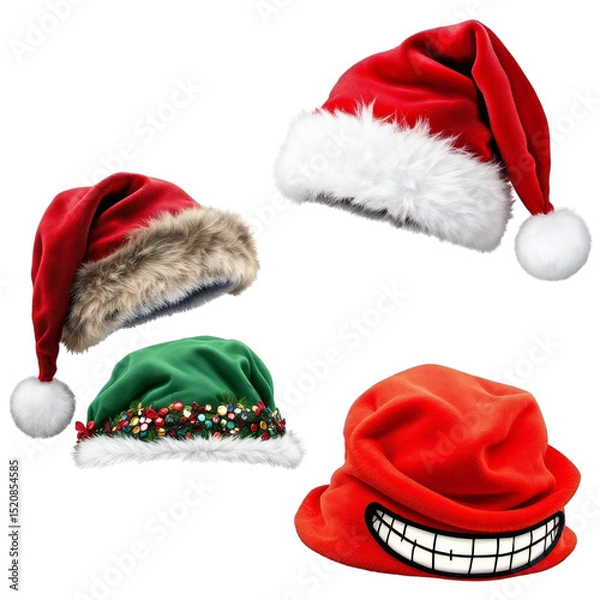 Fototapeta A festive assortment of santa hats in red green and other designs against a black background image