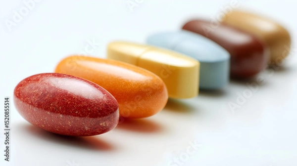 Obraz a row of colorful pills, representing health and wellness. The pills are lined up, creating a visual display of medicine