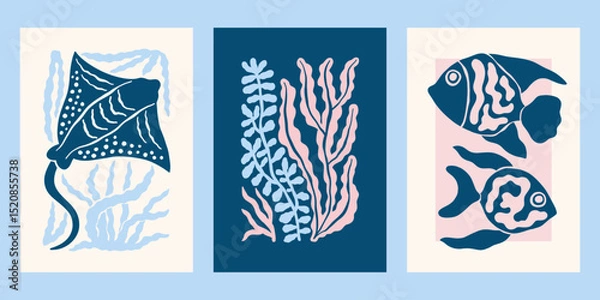 Fototapeta Underwater ocean life vector posters set. Minimalist retro sea print designs with fishes, stingray, seaweeds, corals illustrations