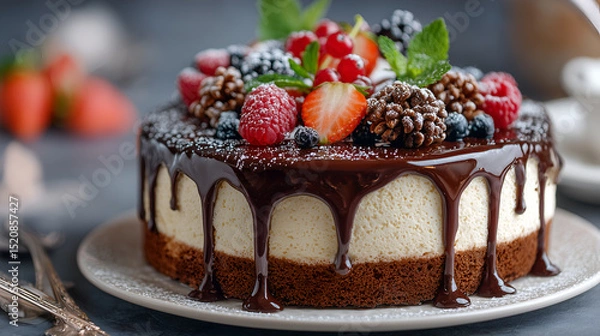 Obraz A delicious dessert cake topped with various fresh fruits and chocolate drizzle
