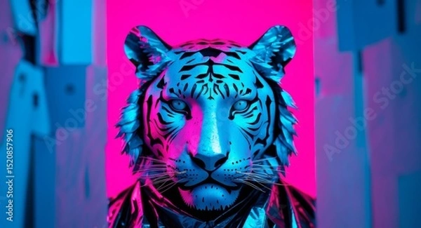Fototapeta Cyberpunk Tiger Portrait. Neon Colors, Futuristic Vibe, Striking Composition.