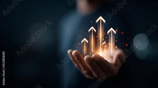 Obraz a hand holding upward arrows. This conceptual image represents growth, progress, and the achievement of goals
