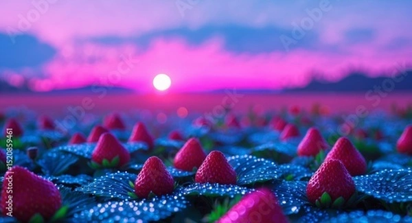 Fototapeta Strawberry Fields Forever. A Dreamy Harvest at Sunset, a surreal and vibrant scene.