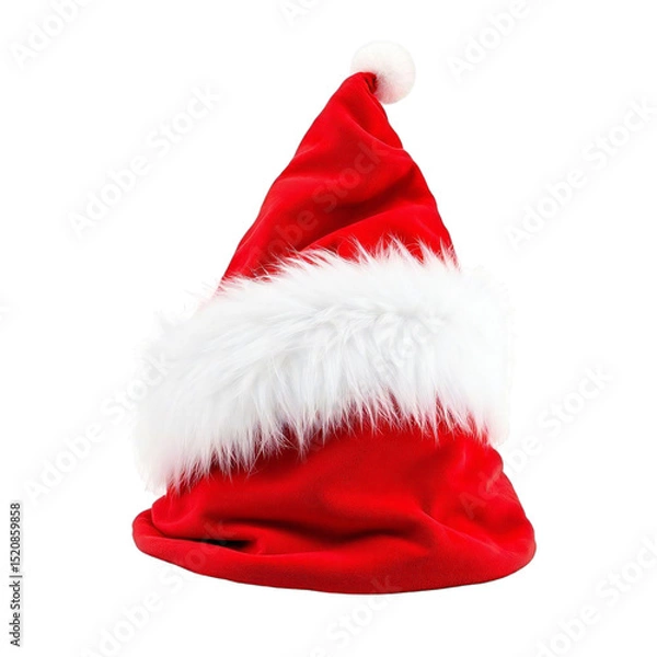 Fototapeta A festive santa hat with white trim and pom pom isolated on a black background for holiday cheer