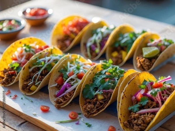 Fototapeta Delicious and Colorful Variety of Tacos with Ground Meat and Fresh Toppings.