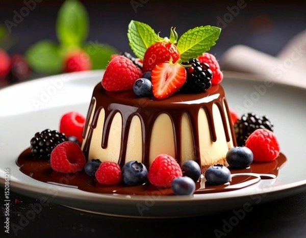 Obraz Cheesecake and chocolate cake topped with fresh berries and mint on a plate