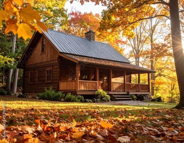 Obraz House surrounded by colorful autumn trees in a peaceful forest park setting